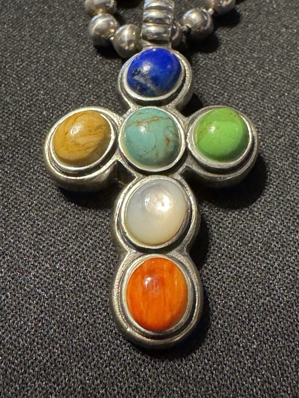 925 Ball Chain Bead Cross Necklace. Turquoise,Lapis,Coral,Mookite 37g